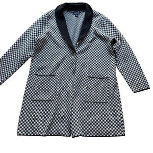 Lands End Size XL 18 Black & White Houndstooth Shawl Collar Long Cardigan Jacket